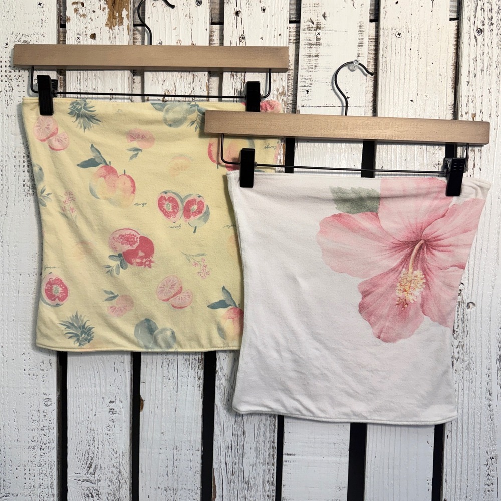 Tropical Fruit & Hibiscus Floral Tube Top Set Size Small Yellow White Reversible